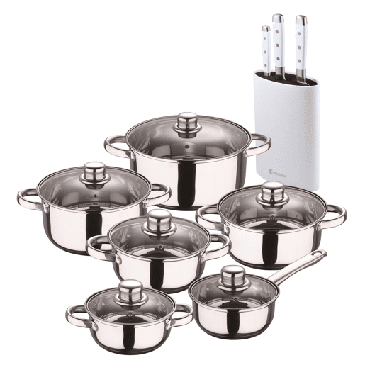 Conjunto de panelas San Ignacio de 12 peças em aço inoxidável com acabamento cromado, coleção Cassel + conjunto de 3 facas de aço inoxidável com cepo Conjunto de panelas San Ignacio de 12 peças em aço inoxidável com acabamento cromado, coleção Cassel + conjunto de 3 facas de aço inoxidável com cepo