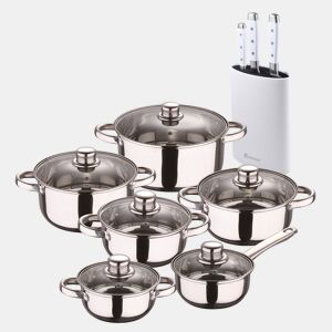 Conjunto de panelas San Ignacio de 12 peças em aço inoxidável com acabamento cromado, coleção Cassel + conjunto de 3 facas de aço inoxidável com cepo