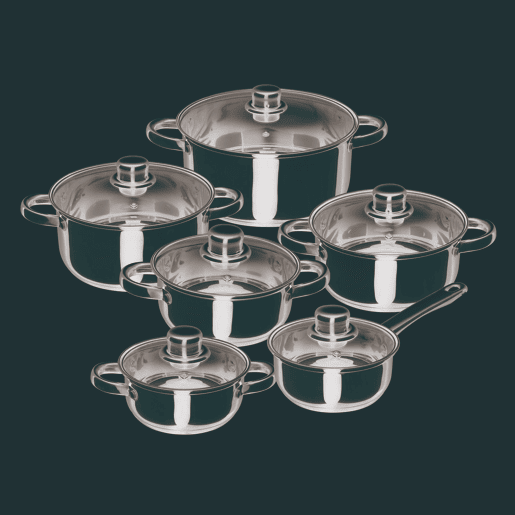 Conjunto de panelas San Ignacio de 12 peças em aço inoxidável com acabamento cromado, coleção Cassel + conjunto de 3 facas de aço inoxidável com cepo Conjunto de panelas San Ignacio de 12 peças em aço inoxidável com acabamento cromado, coleção Cassel + conjunto de 3 facas de aço inoxidável com cepo