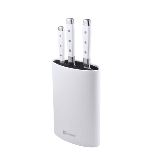 Conjunto de panelas San Ignacio de 12 peças em aço inoxidável com acabamento cromado, coleção Cassel + conjunto de 3 facas de aço inoxidável com cepo Conjunto de panelas San Ignacio de 12 peças em aço inoxidável com acabamento cromado, coleção Cassel + conjunto de 3 facas de aço inoxidável com cepo