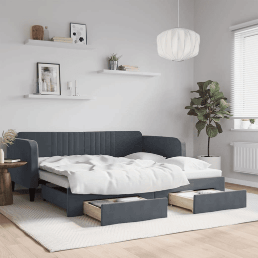 Sofá-cama, Sofá conversível c gavetão e gavetas 90x190 cm veludo cinzento-escuro