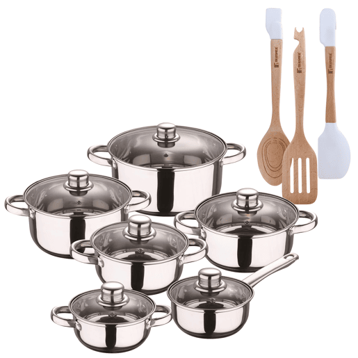 Conjunto de panelas San Ignacio de aço inoxidável com 12 peças e acabamento cromado, coleção Cassel + conjunto de utensílios de cozinha de silicone e madeira com 3 peças Conjunto de panelas San Ignacio de aço inoxidável com 12 peças e acabamento cromado, coleção Cassel + conjunto de utensílios de cozinha de silicone e madeira com 3 peças