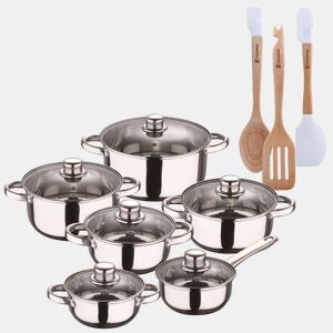 Conjunto de panelas San Ignacio de aço inoxidável com 12 peças e acabamento cromado, coleção Cassel + conjunto de utensílios de cozinha de silicone e madeira com 3 peças