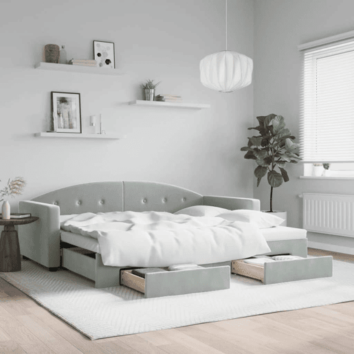 Sofá-cama, Sofá conversível c gavetão e gavetas 90x190 cm veludo cinzento-claro