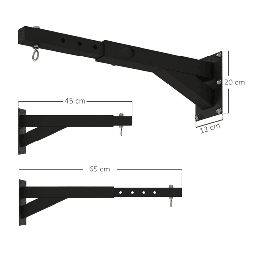 SPORTNOW Suporte para Saco de Boxe de Parede com Distância Ajustável de 45-65 cm Gancho Giratório de 360° e Correntes para Treino em Ginásio e Casa Carga 60 kg Preto