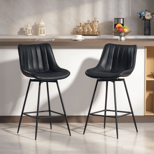HOMCOM Conjunto de 2 Bancos de Bar Giratórios Bancos Altos de Cozinha com Encosto Curvado e Apoio para os Pés Estofados em PU Estrutura de Aço Cadeiras Altas de Cozinha para Sala de Jantar 47x54,5x97,5 cm Preto