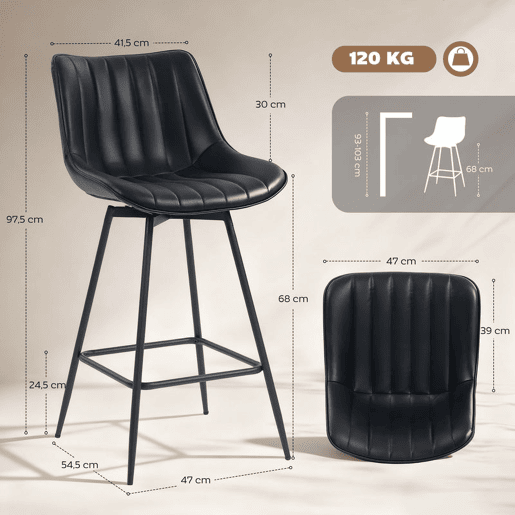 HOMCOM Conjunto de 2 Bancos de Bar Giratórios Bancos Altos de Cozinha com Encosto Curvado e Apoio para os Pés Estofados em PU Estrutura de Aço Cadeiras Altas de Cozinha para Sala de Jantar 47x54,5x97,5 cm Preto