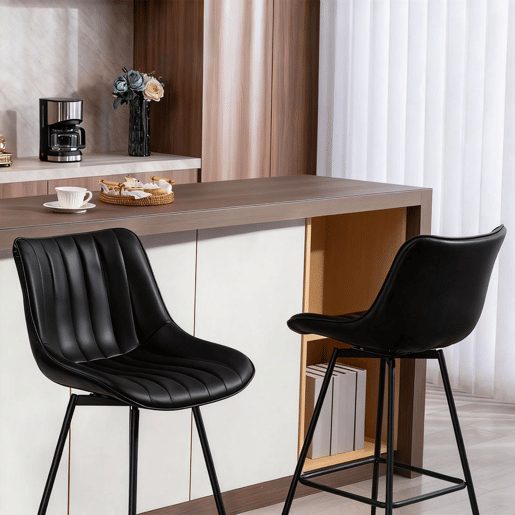 HOMCOM Conjunto de 2 Bancos de Bar Giratórios Bancos Altos de Cozinha com Encosto Curvado e Apoio para os Pés Estofados em PU Estrutura de Aço Cadeiras Altas de Cozinha para Sala de Jantar 47x54,5x97,5 cm Preto