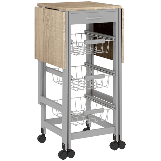 HOMCOM Carrinho de Cozinha Dobrável com Asas Carrinho Auxiliar com Rodas com Gaveta e 3 Cestos de Metal 97,2x37x77,5 cm Cinza e Carvalho