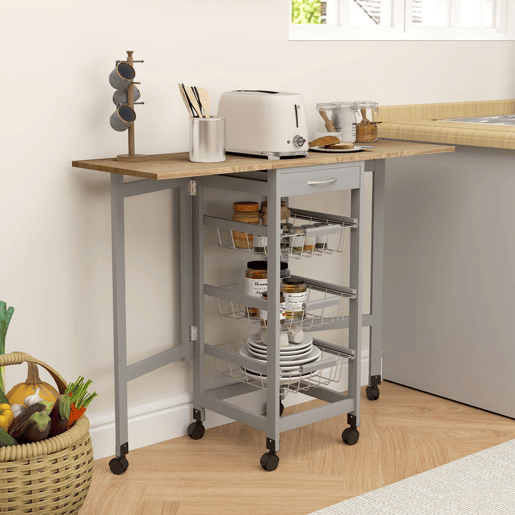 HOMCOM Carrinho de Cozinha Dobrável com Asas Carrinho Auxiliar com Rodas com Gaveta e 3 Cestos de Metal 97,2x37x77,5 cm Cinza e Carvalho