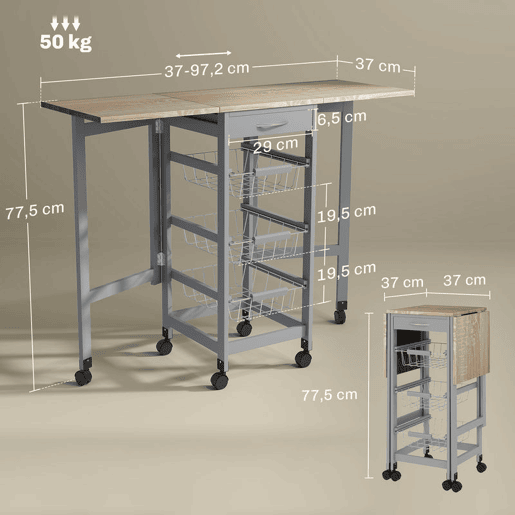 HOMCOM Carrinho de Cozinha Dobrável com Asas Carrinho Auxiliar com Rodas com Gaveta e 3 Cestos de Metal 97,2x37x77,5 cm Cinza e Carvalho