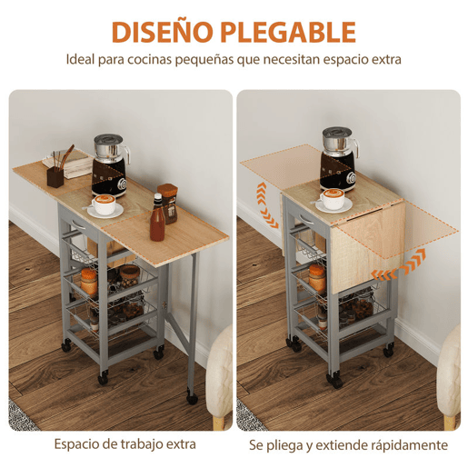 HOMCOM Carrinho de Cozinha Dobrável com Asas Carrinho Auxiliar com Rodas com Gaveta e 3 Cestos de Metal 97,2x37x77,5 cm Cinza e Carvalho