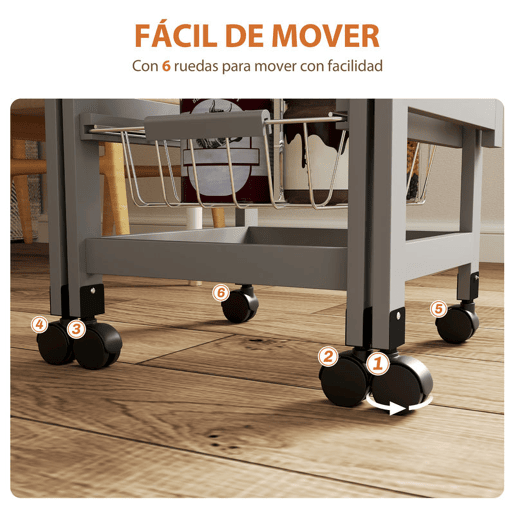 HOMCOM Carrinho de Cozinha Dobrável com Asas Carrinho Auxiliar com Rodas com Gaveta e 3 Cestos de Metal 97,2x37x77,5 cm Cinza e Carvalho