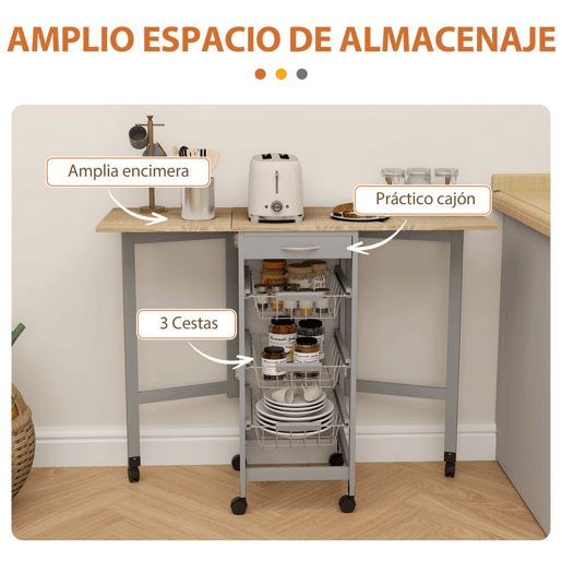 HOMCOM Carrinho de Cozinha Dobrável com Asas Carrinho Auxiliar com Rodas com Gaveta e 3 Cestos de Metal 97,2x37x77,5 cm Cinza e Carvalho