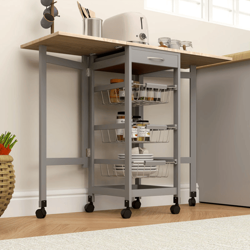 HOMCOM Carrinho de Cozinha Dobrável com Asas Carrinho Auxiliar com Rodas com Gaveta e 3 Cestos de Metal 97,2x37x77,5 cm Cinza e Carvalho