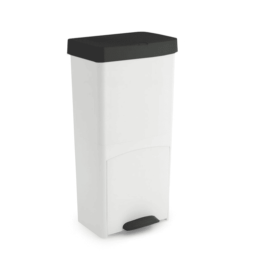 Lixeira vertical de 70 litros para lixo comum ou reciclável, com 2 compartimentos, 76 cm de altura, fácil de usar, nas cores preto e branco.