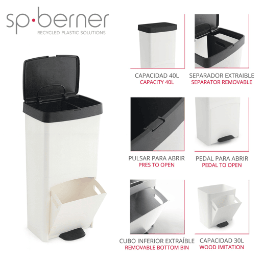 Lixeira vertical de 70 litros para lixo comum ou reciclável, com 2 compartimentos, 76 cm de altura, fácil de usar, nas cores preto e branco.