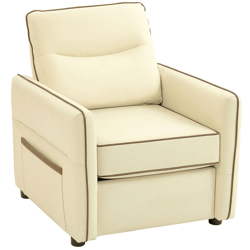 HOMCOM Poltrona Sala de Estar Estofada em Couro Sintético Poltrona Relax Moderna com Assento Largo Acolchoado Espesso Apoios de Braço e Bolso Lateral para Quarto Sala de Estar Capacidade 120 kg Bege