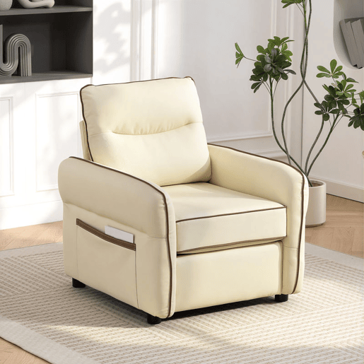 HOMCOM Poltrona Sala de Estar Estofada em Couro Sintético Poltrona Relax Moderna com Assento Largo Acolchoado Espesso Apoios de Braço e Bolso Lateral para Quarto Sala de Estar Capacidade 120 kg Bege