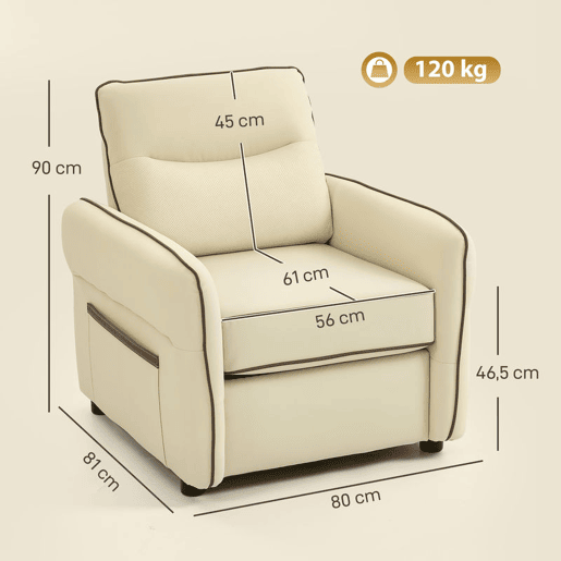 HOMCOM Poltrona Sala de Estar Estofada em Couro Sintético Poltrona Relax Moderna com Assento Largo Acolchoado Espesso Apoios de Braço e Bolso Lateral para Quarto Sala de Estar Capacidade 120 kg Bege