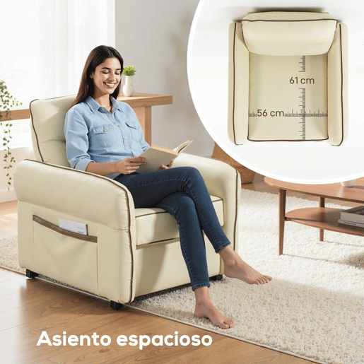 HOMCOM Poltrona Sala de Estar Estofada em Couro Sintético Poltrona Relax Moderna com Assento Largo Acolchoado Espesso Apoios de Braço e Bolso Lateral para Quarto Sala de Estar Capacidade 120 kg Bege