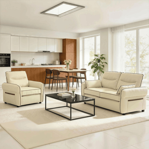 HOMCOM Poltrona Sala de Estar Estofada em Couro Sintético Poltrona Relax Moderna com Assento Largo Acolchoado Espesso Apoios de Braço e Bolso Lateral para Quarto Sala de Estar Capacidade 120 kg Bege