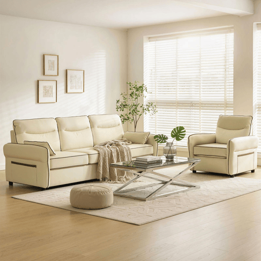 HOMCOM Poltrona Sala de Estar Estofada em Couro Sintético Poltrona Relax Moderna com Assento Largo Acolchoado Espesso Apoios de Braço e Bolso Lateral para Quarto Sala de Estar Capacidade 120 kg Bege