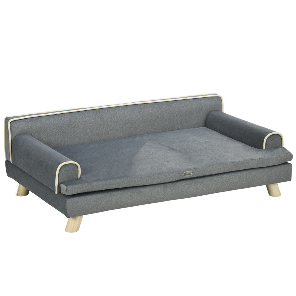 Pawhut sofá para perros grandes y medianos, 100x62x32 cm, cama elevada para perros, tapizada en chenilla, con cojín lavable y patas de madera de pino, gris oscuro