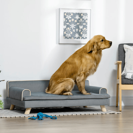 PawHut Sofá para Cães Grandes e Médios 100x62x32 cm Cama Elevada Revestimento em Chenille com Almofada Lavável e Pés de Madeira de Pinho Cinza Escuro