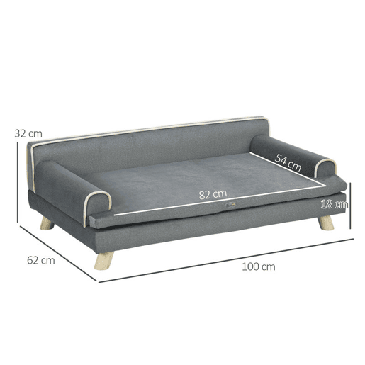 PawHut Sofá para Cães Grandes e Médios 100x62x32 cm Cama Elevada Revestimento em Chenille com Almofada Lavável e Pés de Madeira de Pinho Cinza Escuro