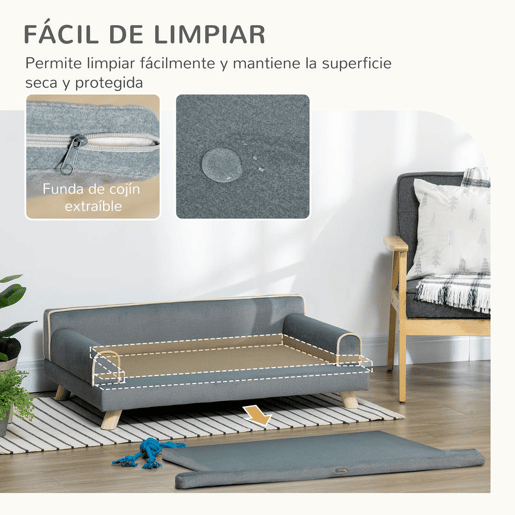 PawHut Sofá para Cães Grandes e Médios 100x62x32 cm Cama Elevada Revestimento em Chenille com Almofada Lavável e Pés de Madeira de Pinho Cinza Escuro