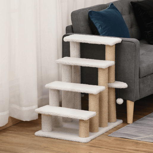 PawHut Escada para Gatos de 4 Níveis Coberta de Pelúcia Suave Poste de Juta Bola Pendurada Arranhador para Gatos 60x40x64 cm Branco