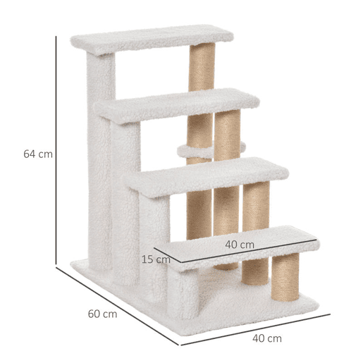 PawHut Escada para Gatos de 4 Níveis Coberta de Pelúcia Suave Poste de Juta Bola Pendurada Arranhador para Gatos 60x40x64 cm Branco