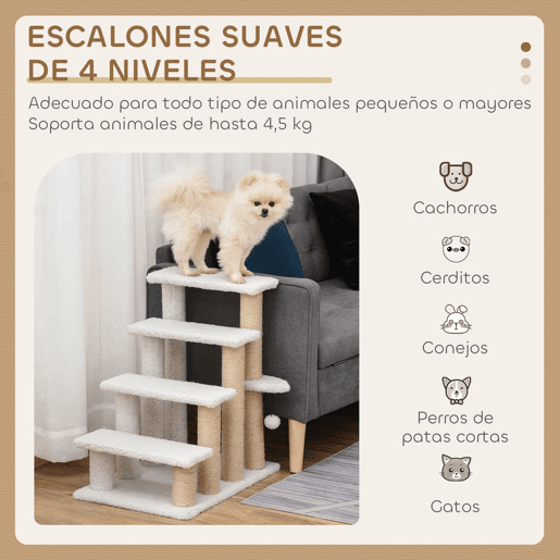 PawHut Escada para Gatos de 4 Níveis Coberta de Pelúcia Suave Poste de Juta Bola Pendurada Arranhador para Gatos 60x40x64 cm Branco