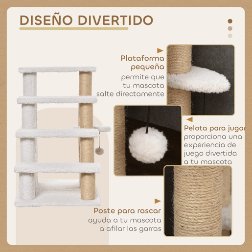 PawHut Escada para Gatos de 4 Níveis Coberta de Pelúcia Suave Poste de Juta Bola Pendurada Arranhador para Gatos 60x40x64 cm Branco