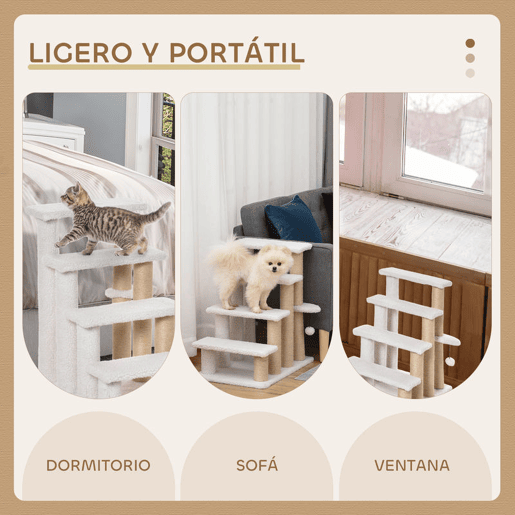 PawHut Escada para Gatos de 4 Níveis Coberta de Pelúcia Suave Poste de Juta Bola Pendurada Arranhador para Gatos 60x40x64 cm Branco