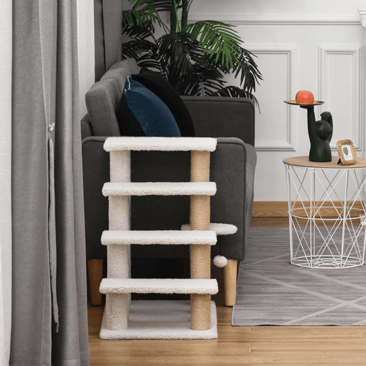 PawHut Escada para Gatos de 4 Níveis Coberta de Pelúcia Suave Poste de Juta Bola Pendurada Arranhador para Gatos 60x40x64 cm Branco