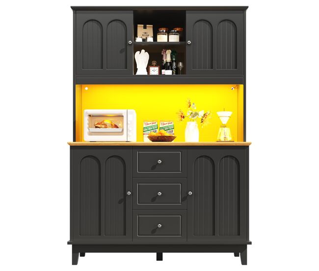 Aparador 120x40x180 cm - con iluminación led, control por app, 4 puertas y 3 cajones - negro, natural