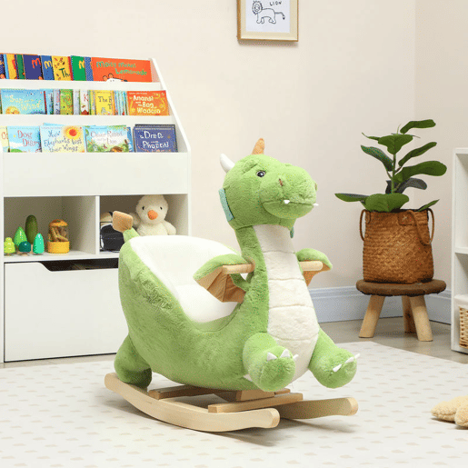 AIYAPLAY Baloiço para Bebés com Som de Dragão Baloiço de Pelúcia com Base de Madeira Cinto de Segurança para Crianças de 18-36 Meses 65x38x72 cm Verde