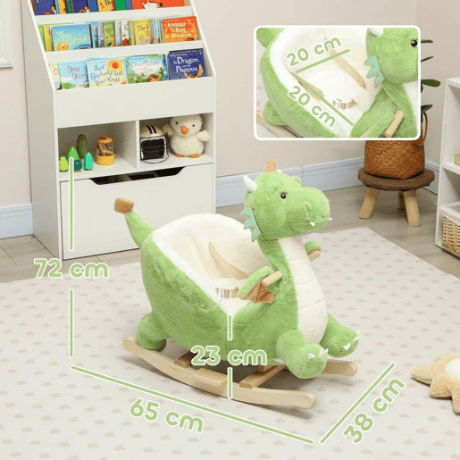 AIYAPLAY Baloiço para Bebés com Som de Dragão Baloiço de Pelúcia com Base de Madeira Cinto de Segurança para Crianças de 18-36 Meses 65x38x72 cm Verde