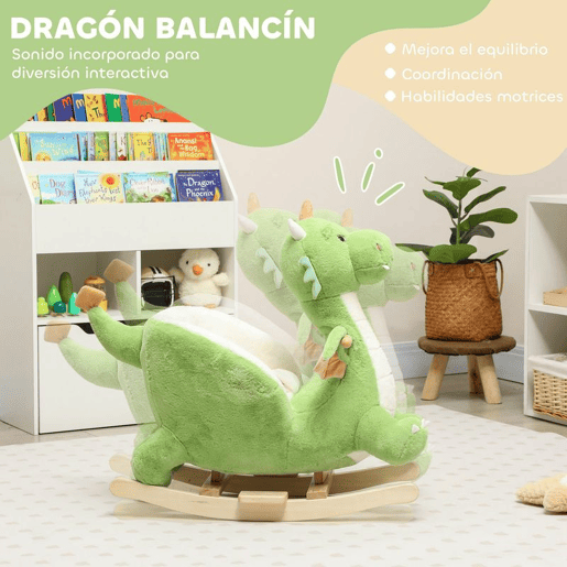 AIYAPLAY Baloiço para Bebés com Som de Dragão Baloiço de Pelúcia com Base de Madeira Cinto de Segurança para Crianças de 18-36 Meses 65x38x72 cm Verde