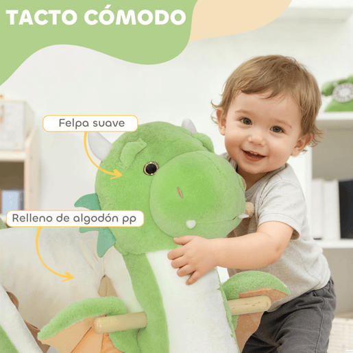 AIYAPLAY Baloiço para Bebés com Som de Dragão Baloiço de Pelúcia com Base de Madeira Cinto de Segurança para Crianças de 18-36 Meses 65x38x72 cm Verde
