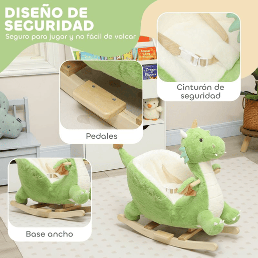 AIYAPLAY Baloiço para Bebés com Som de Dragão Baloiço de Pelúcia com Base de Madeira Cinto de Segurança para Crianças de 18-36 Meses 65x38x72 cm Verde
