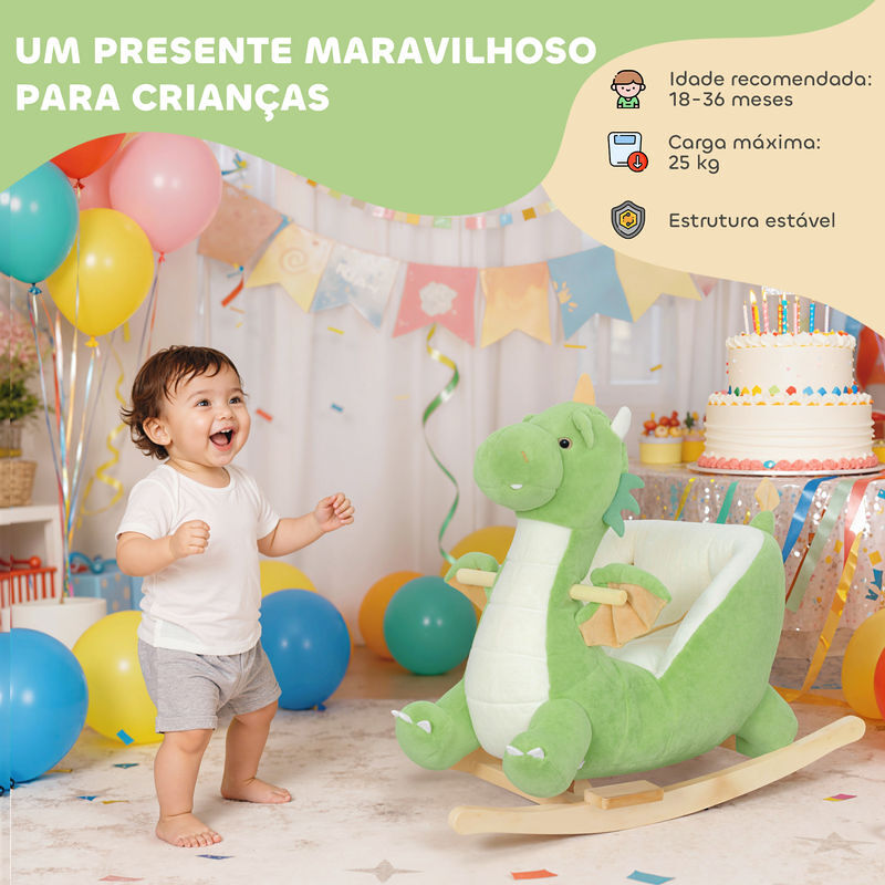 AIYAPLAY Caballito Balancín Con Sonido De Dragón – Base De Madera, Asiento Acolchado Y Cinturón De Seguridad, Para Niños De 18 A 36 Meses, Verde