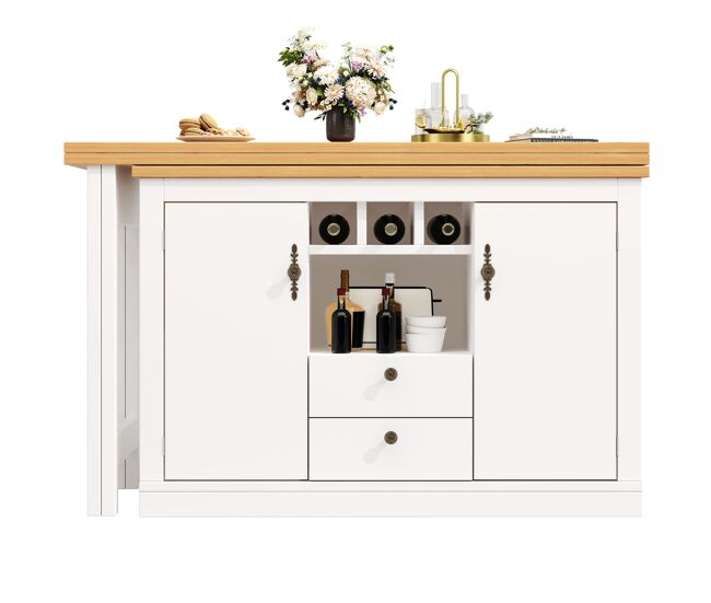 Mesa de bar extensible 120-180cm - con función de rotación 360° y almacenamiento - blanco