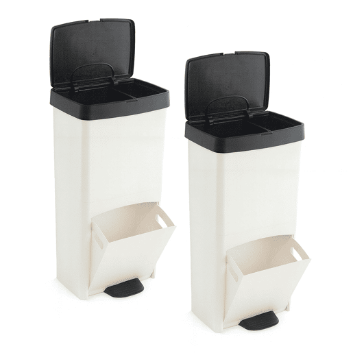 Conjunto de 2 Lixeiras Verticais de 70L, Pretas e Brancas, para Lixo ou Reciclagem, com 2 Compartimentos, 76 cm de Altura, Fácil Gerenciamento