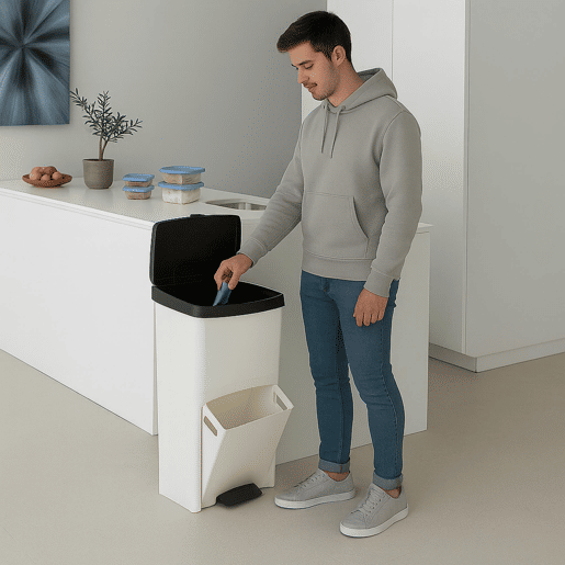 Conjunto de 2 Lixeiras Verticais de 70L, Pretas e Brancas, para Lixo ou Reciclagem, com 2 Compartimentos, 76 cm de Altura, Fácil Gerenciamento