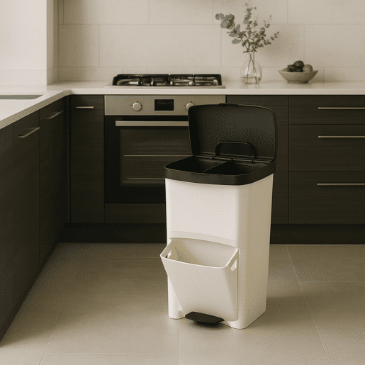 Conjunto de 2 Lixeiras Verticais de 70L, Pretas e Brancas, para Lixo ou Reciclagem, com 2 Compartimentos, 76 cm de Altura, Fácil Gerenciamento