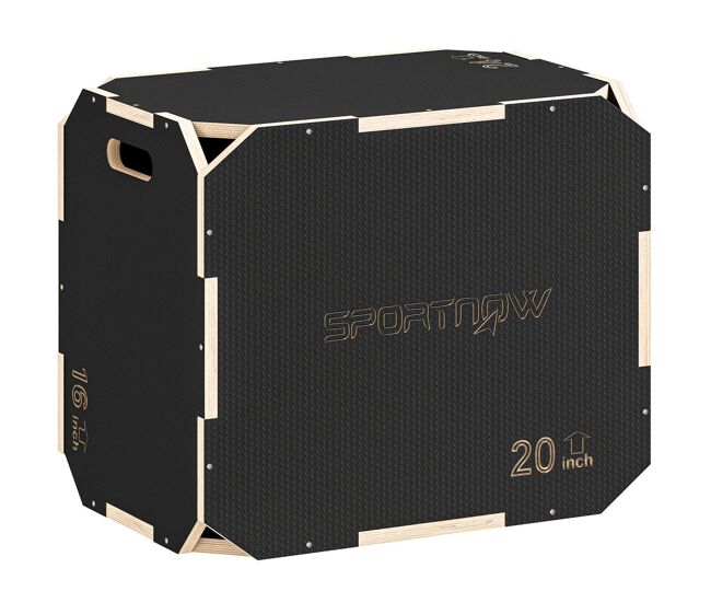 Sportnow cajón pliométrico de madera 3 en 1, plataforma de caja pliométrica con 3 alturas ajustables 61/51/41 cm, asas, sin esquinas, entrenamiento de