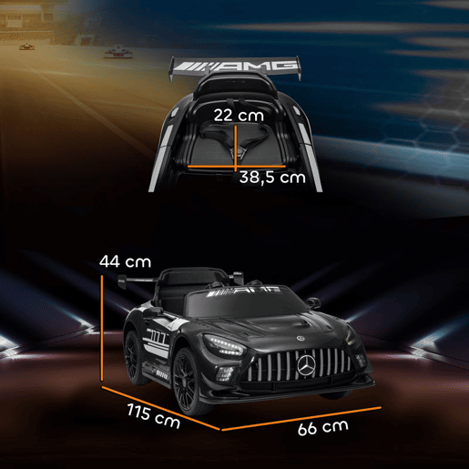 AIYAPLAY Carro Elétrico para Crianças Mercedes-AMG GT3 Evo Carro de Bateria 12V com Controlo Remoto 2,4G Motor Duplo Rodas Auxiliares Alça de Transporte Música Faróis 115x66x44 cm Preto